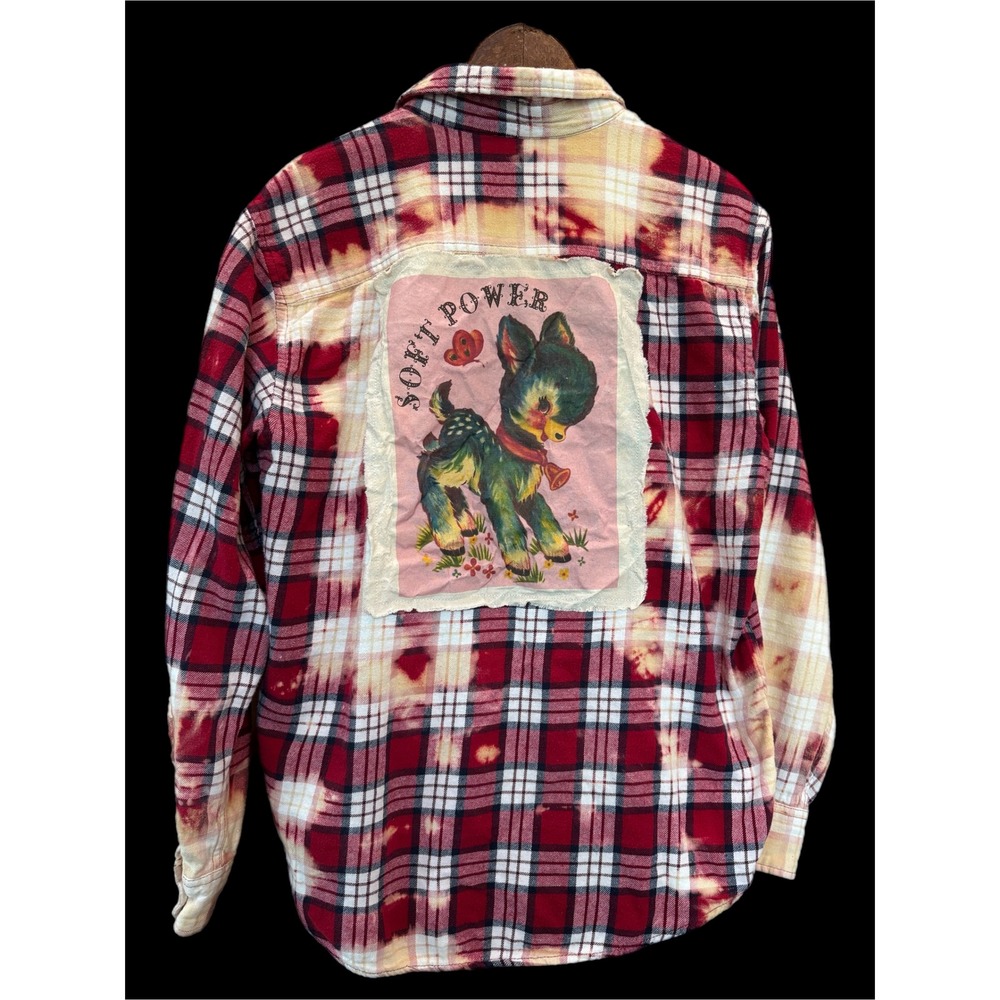 Upcycled Plaid Flannel Shirt Soft Power Deer Patch Small Medium